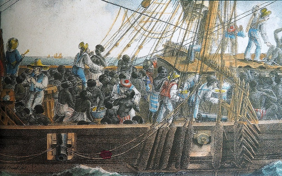 O convés principal de um navio negreiro no mar, por volta de meados do século XVIII. Fonte: Wikimedia