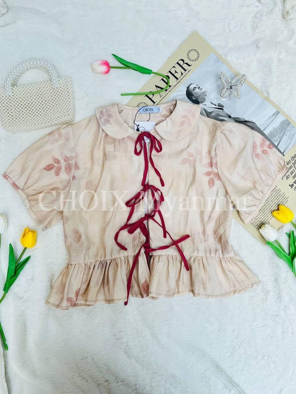 Cotton tie Ribbon Top ( Pink )