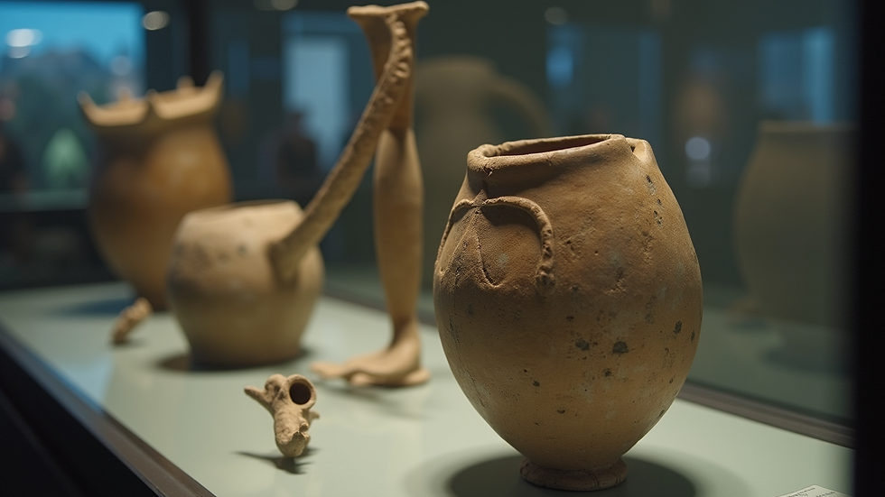 Close-up view of Viking artefacts displayed in a museum glass case