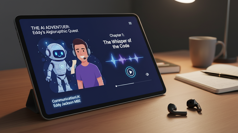 Close-up view of a tablet showing an interactive story app with audio narration