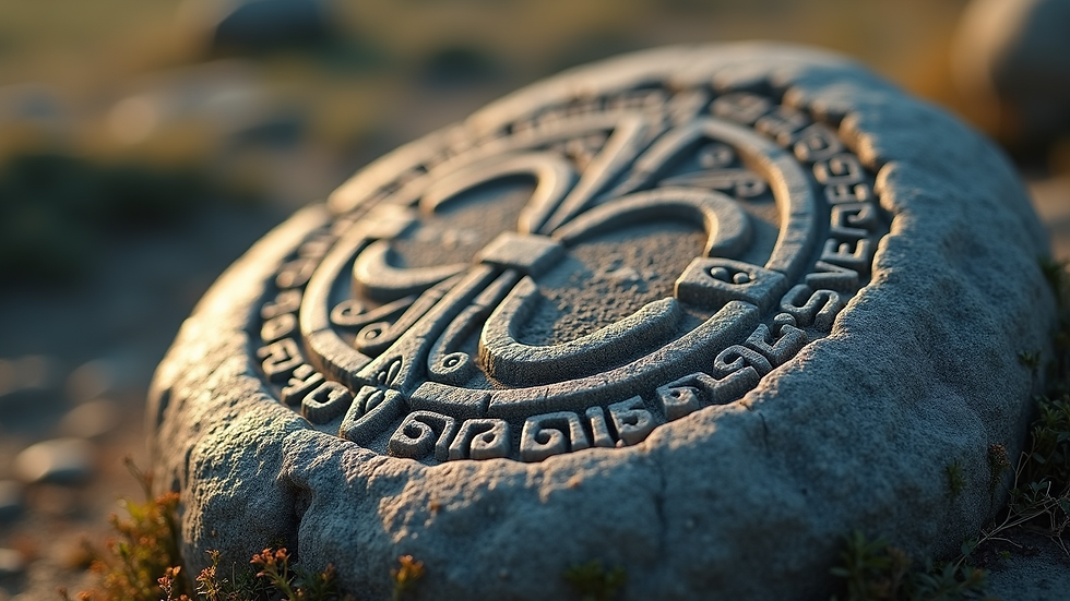 Close-up view of an ancient Viking rune stone with intricate carvings