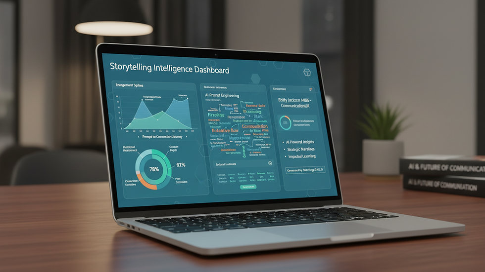 Eye-level view of a laptop screen displaying AI-generated storytelling analytics