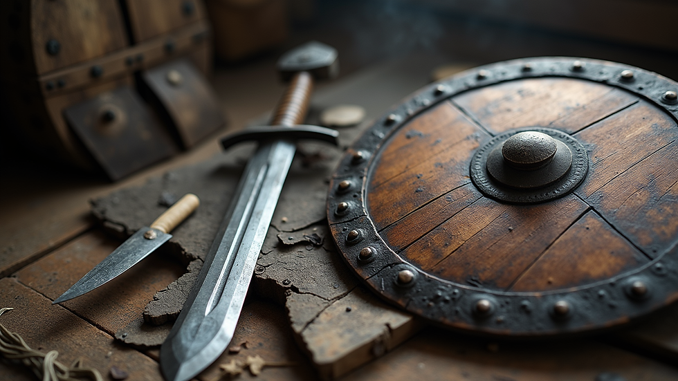 Close-up view of Viking artefacts including a sword and shield