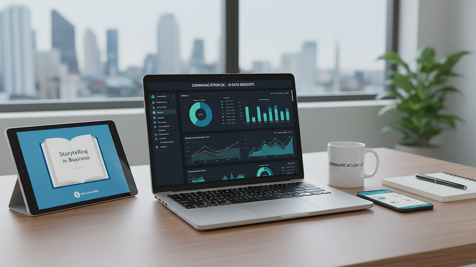 Eye-level view of a modern office desk with a laptop displaying data analytics