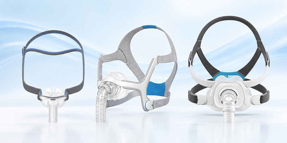 ResMed AirFit P10 nasal pillows, AirFit N20 nasal mask and AirFit F40 full-face CPAP mask
