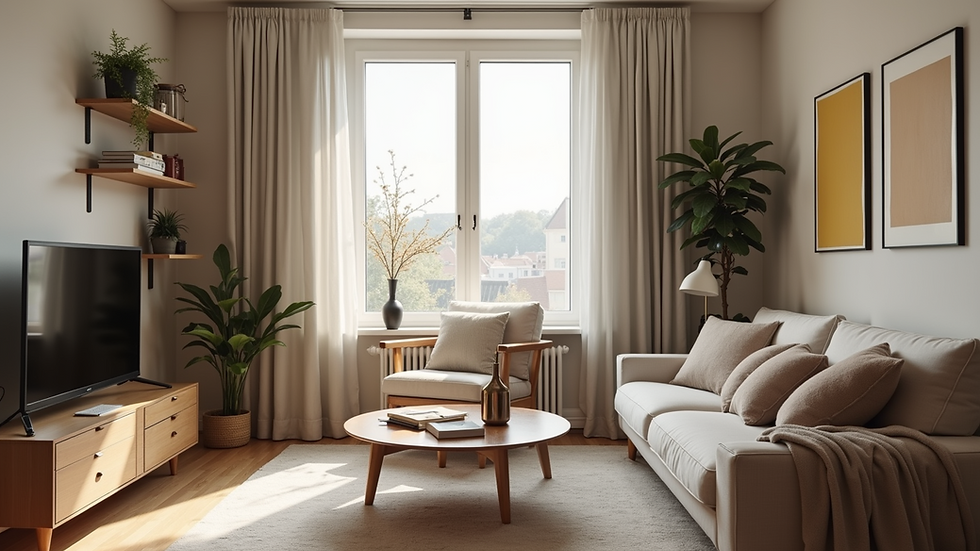 Eye-level view of a cozy living room with a clean and organized space