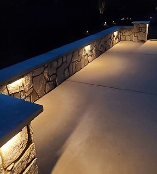 Stone Seating Wall, Columns & Lights at Day and Night