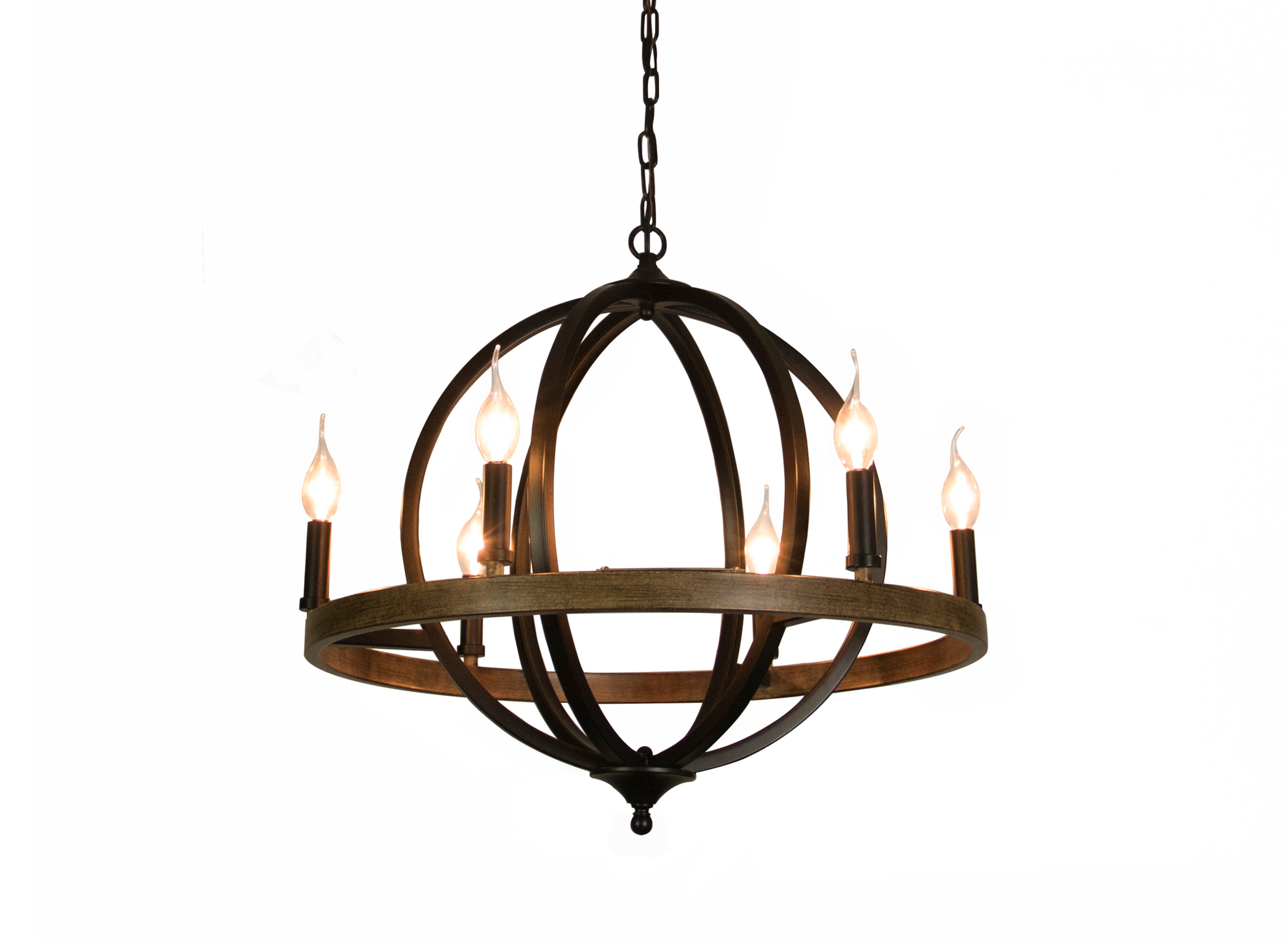 (A-4) - 6 Light Chandelier Globe (Matte Blk) Round, Steel Sphere w/ Wood Pattern
