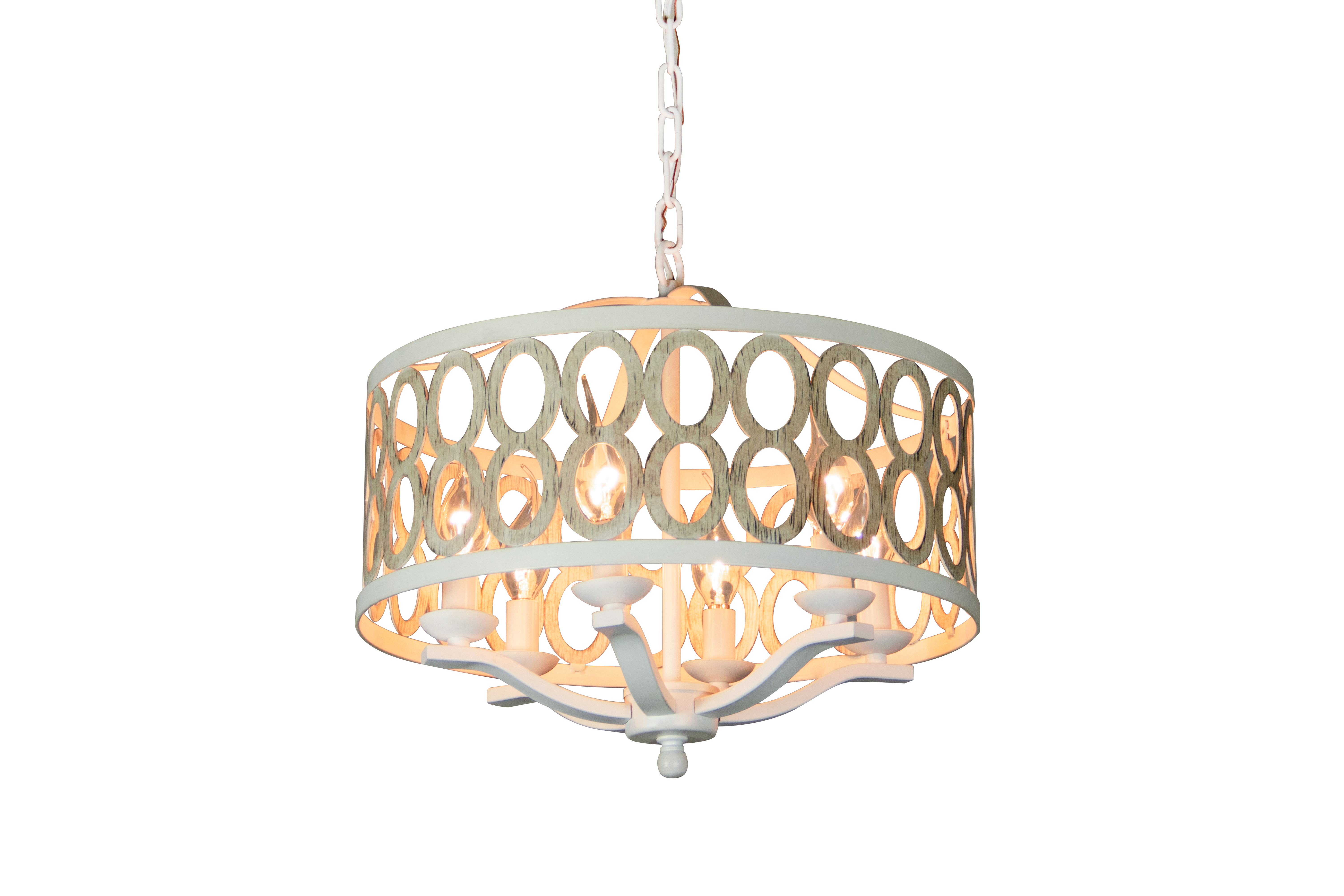(C-4) - 8 Light Drum Chandelier (16” Wide) Steel Frame with Wooden Pattern