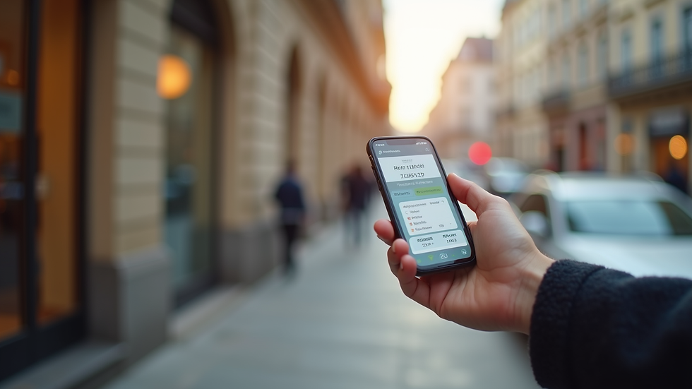 Vue rapprochée d'une main tenant un smartphone affichant une application de réservation d'hôtel