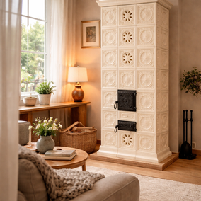 Sloupová historická elektrická kamna Vzor kachlí mušle glazura slonová kost