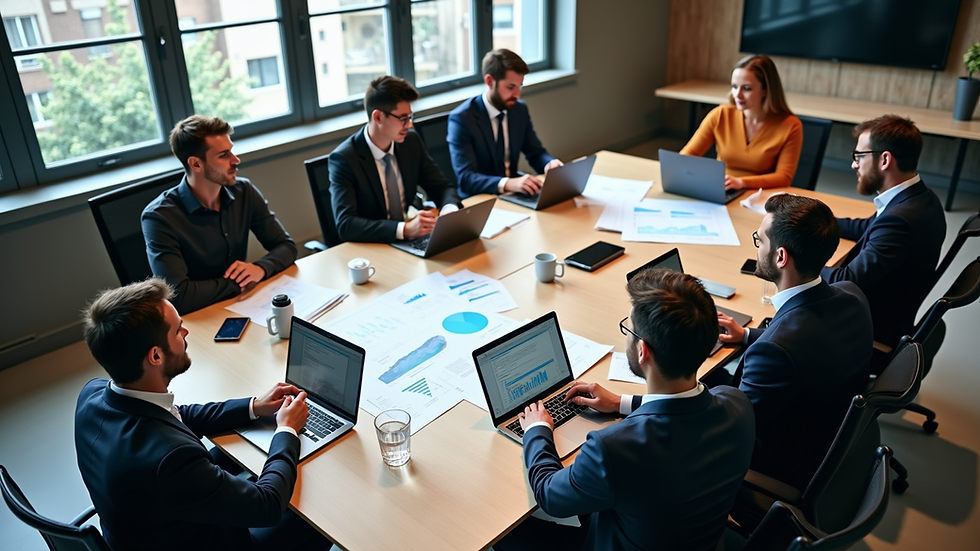 High angle view of a team meeting around a table with laptops and charts