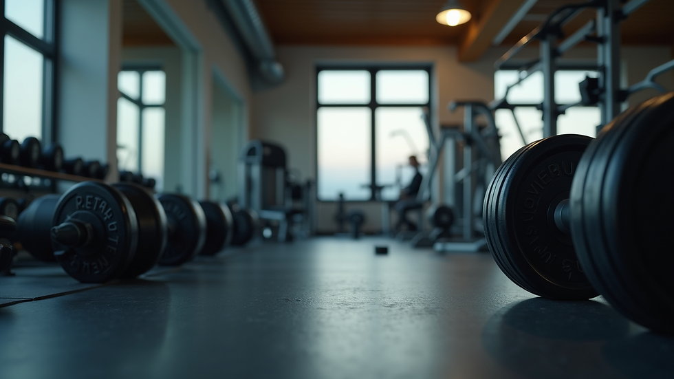 Eye-level view of a gym setting with weights and exercise equipment