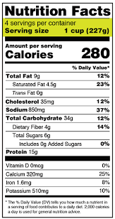 Nutrition Facts label showing 4 servings per container, 1 cup (227g), 280 calories, and nutrient details.