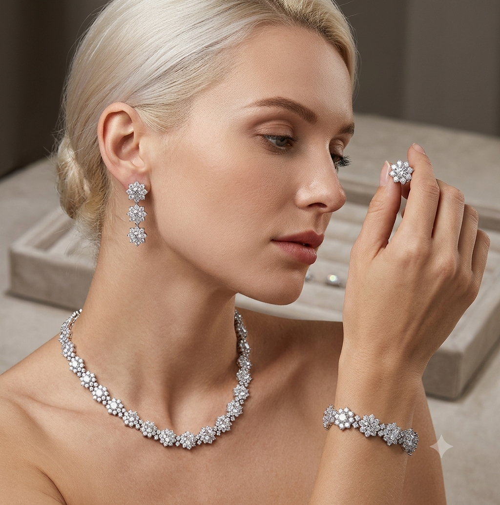 Full Moissanite Jewelry Set 925 Silver Sunflower Necklace Bracelet Earrings