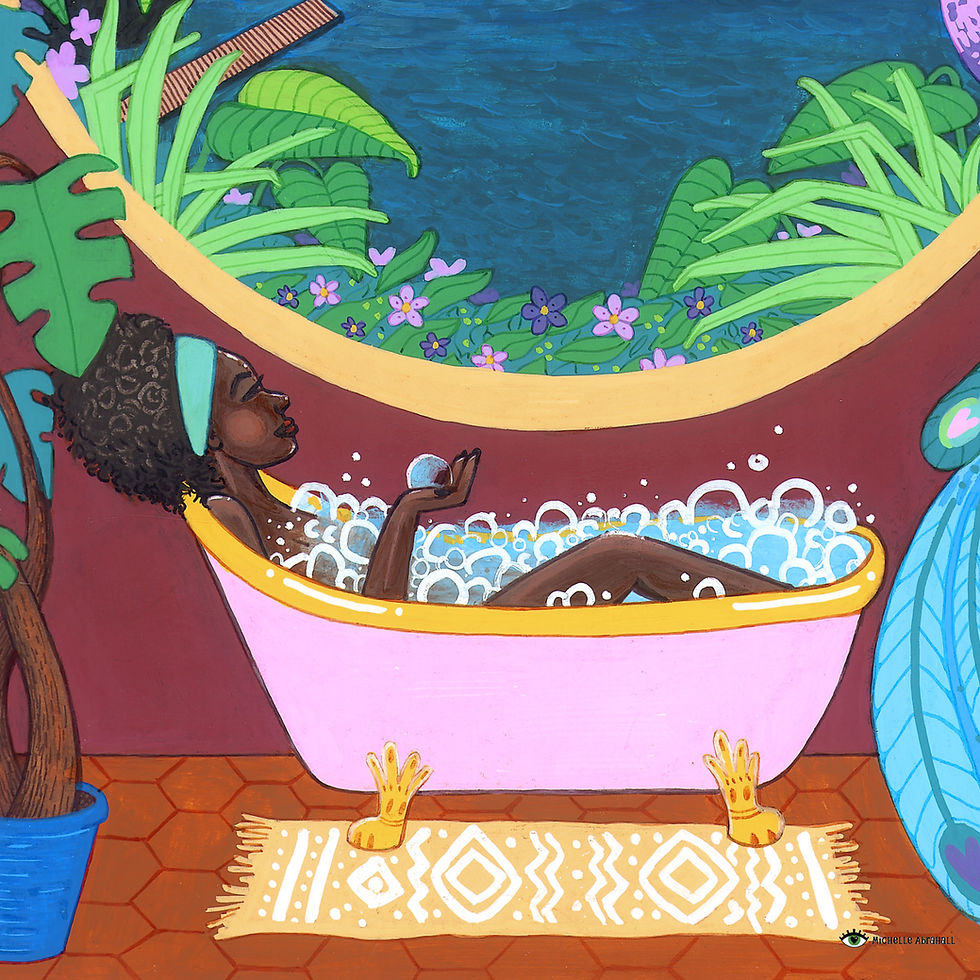 Thumbnail: close up painting of a women in a bath, looking through a window at a tropical landscape view of the sea
