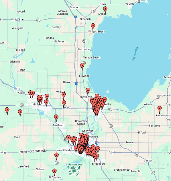 Map showing MDL Property Management locations across Mid-Michigan