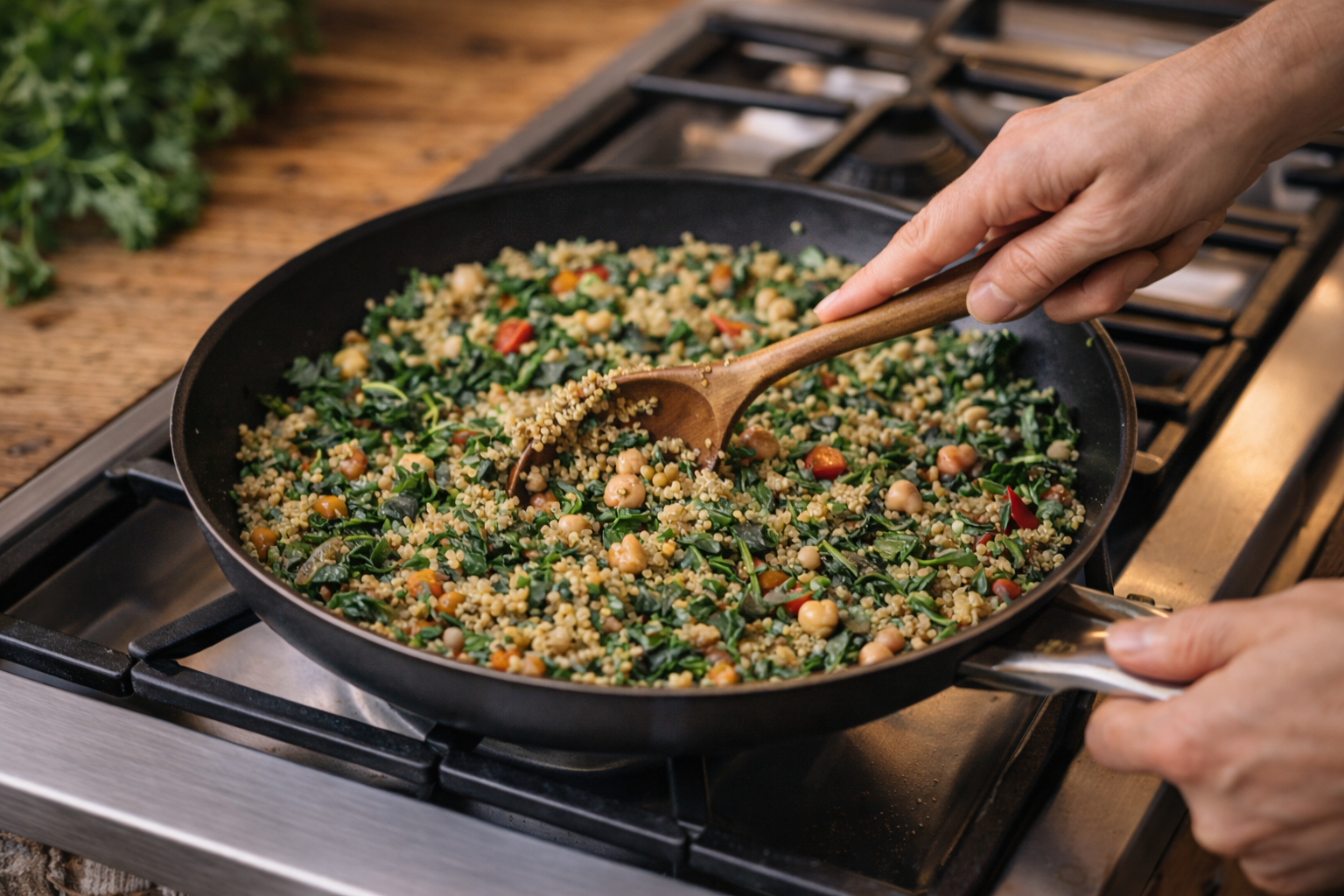 Stirring a pot with healthy food