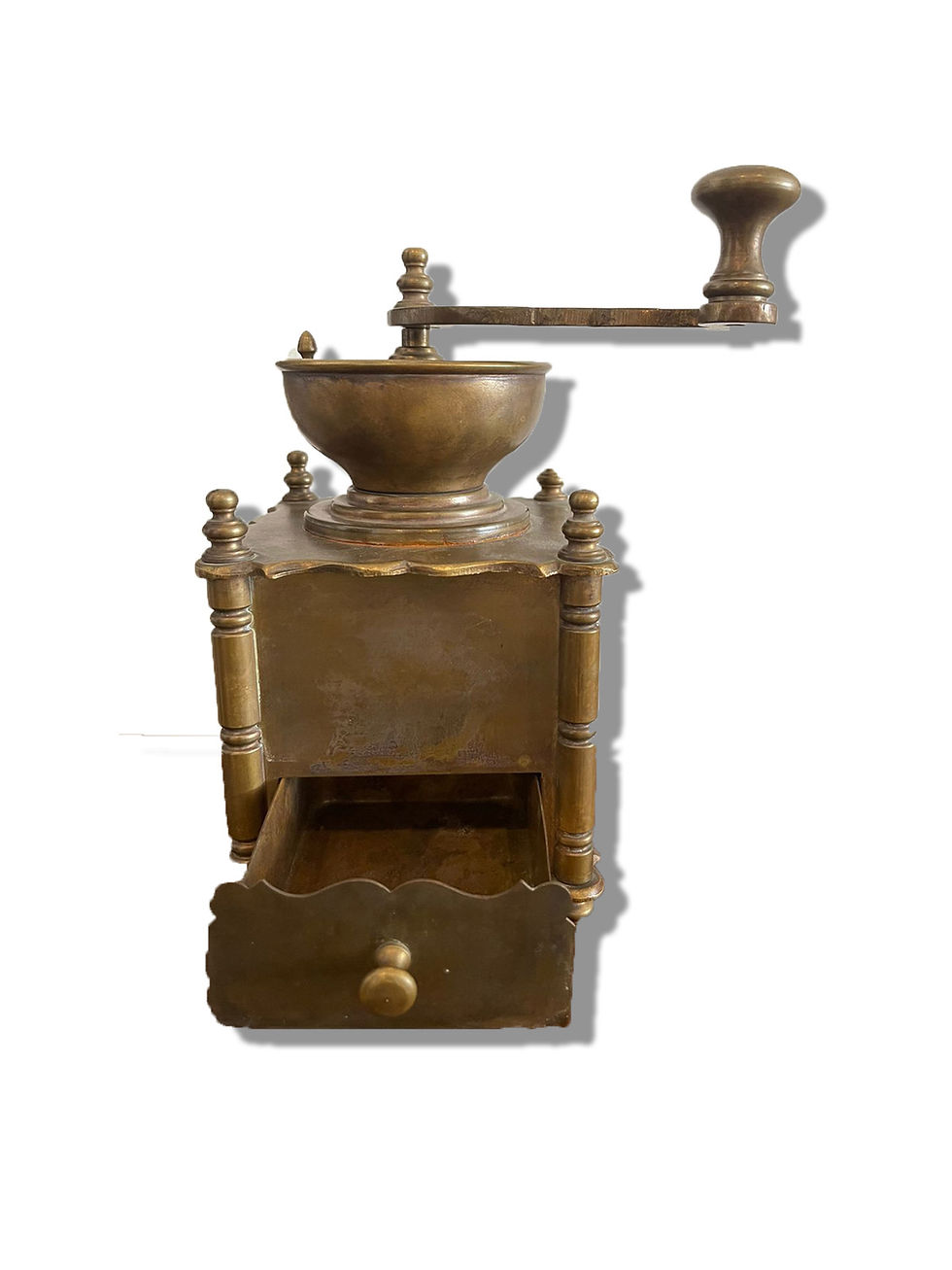 Thumbnail: Antique baroque-style copper coffee grinder.