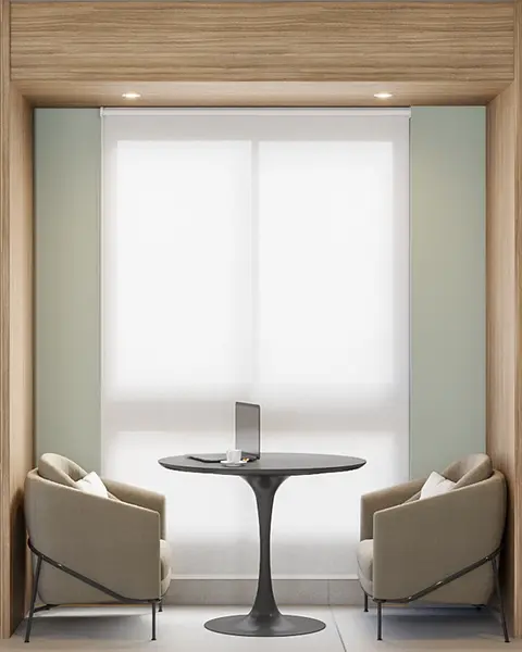 Mesa de trabalho na CO.LAB WORKING em Sorriso Mato Grosso, com mobiliário design e vista lateral.