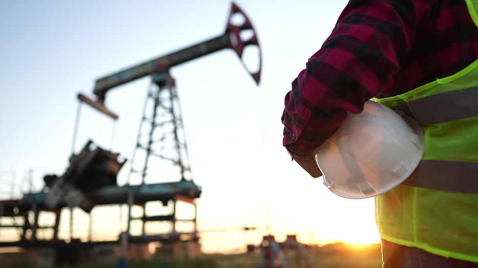 oil production. a worker holding a protective hard hat at sunset in the background an oil