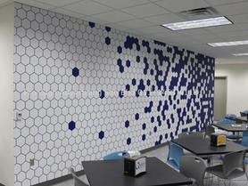 Modern patterned office wall sticker with hexagon and blue graphic design in Singapore