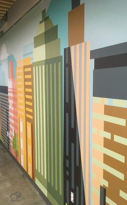 a hallway with a cityscape wallpaper on the wall, building, scenery