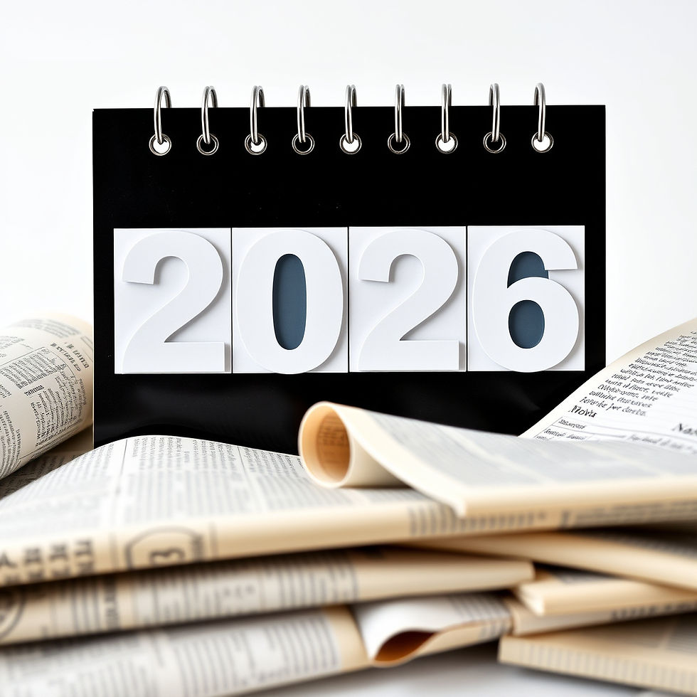 An image of a calendar that reads "2026" in the midst of a stack of newspapers