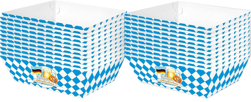 Zwei blau-weiße Oktoberfest-Boxen mit Rautenmuster und Bier-Logo auf weißem Hintergrund.