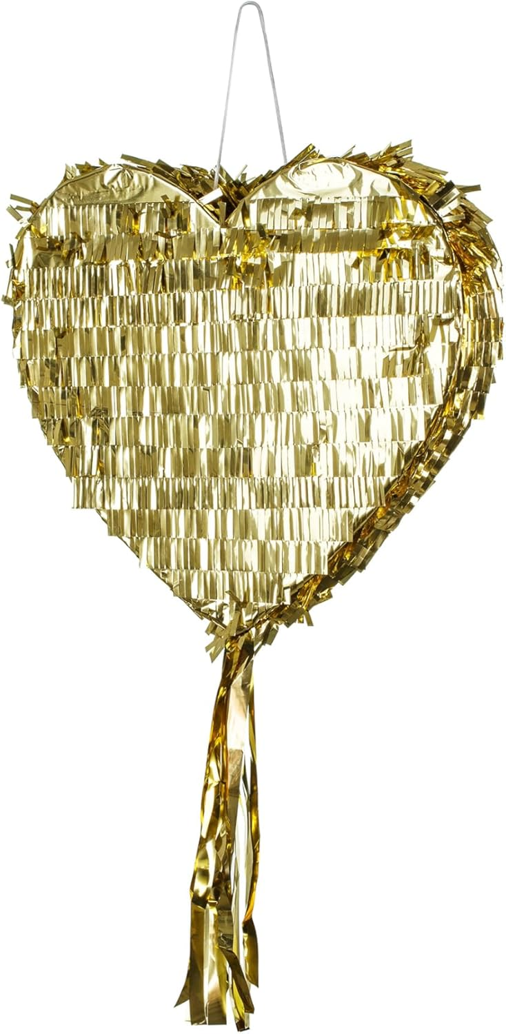 Goldene Herz-Piñata mit Fransen und hängenden Bändern in schimmerndem Gold. Hintergrund neutral, Stimmung festlich.
