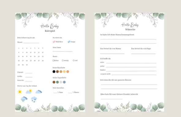 Zwei Hallo Baby-Karten mit Eukalyptusrand: links Ratespiel, rechts Wünsche, mit leeren Feldern und Baby-Icons.