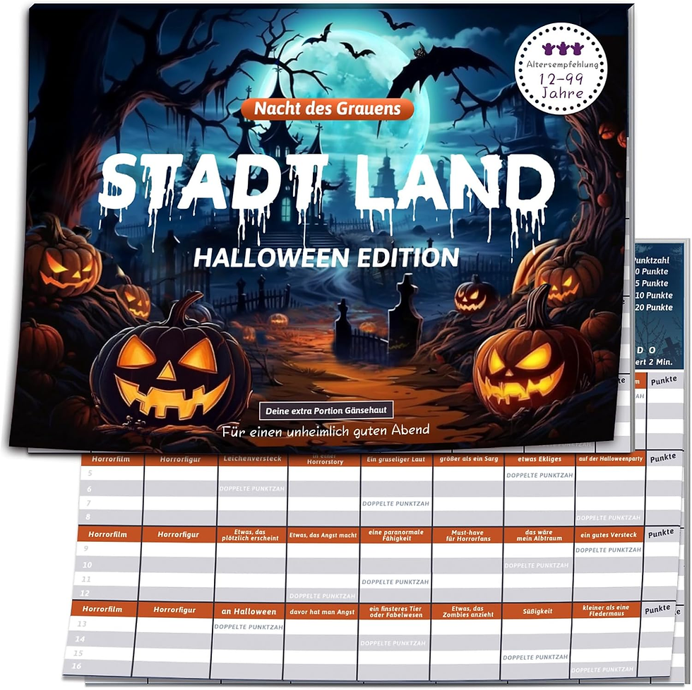 Halloween-Brettspielcover in Gruselnacht mit Kürbissen, Fledermäusen und Vollmond; Text: STADT LAND, Halloween Edition.