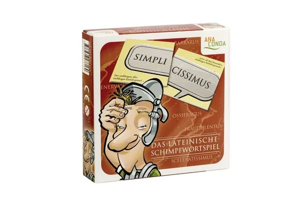 Verpackung des Spiels Das lateinische Schimpfwortspiel mit Comicfigur und Sprechblasen auf rot-weißem Hintergrund.