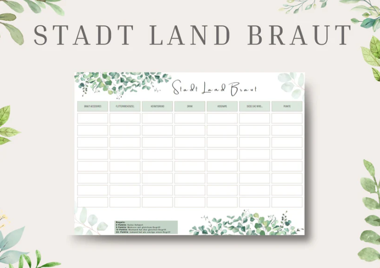 Tabelle "Stadt Land Braut" mit grünen Blättern verziert. Überschrift oben, Spalten für verschiedene Kategorien, sanfter Hintergrund.