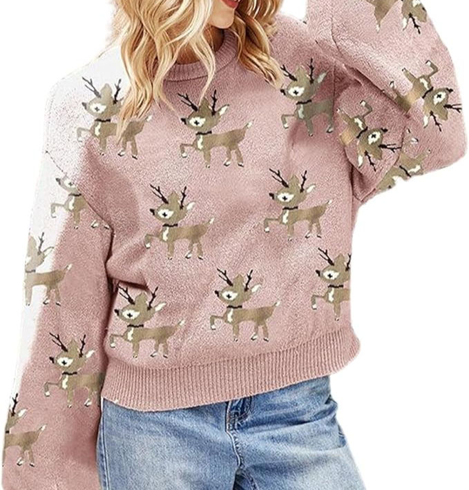 rosa Rentier Pulli für Ugly Seater Christmas Party Weihnachtsoutfit Idee