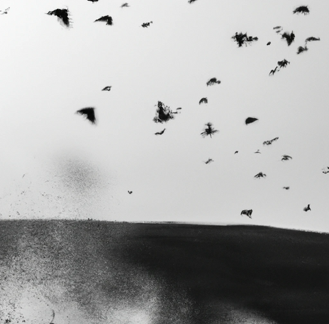 DALL·E 2022-11-27 20.44.34 - oiseaux qui brûle en poussière dans le vent dans les tons gri