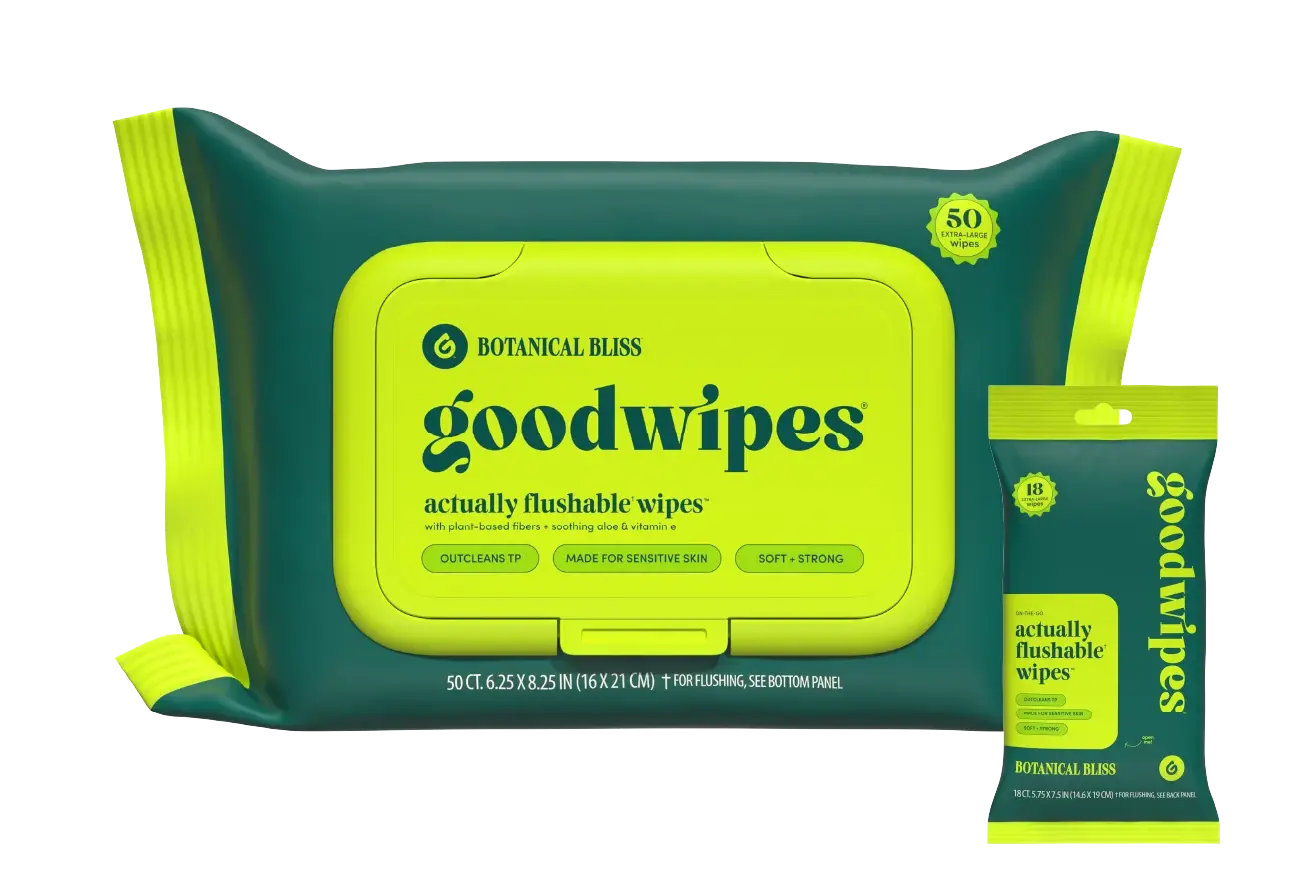 Two green and lime Goodwipes packages on white background, labeled Botanical Bliss and actually flushable wipes.