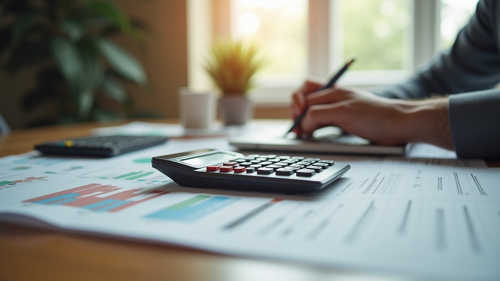 Eye-level view of a calculator and financial documents on a wooden table