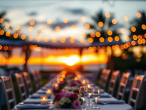A beautiful table set up for a destination wedding celebration at sunset