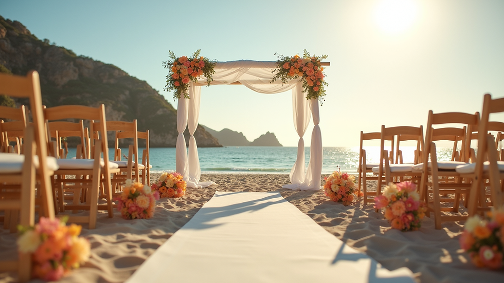 Eye-level view of a sunlit Spanish beach wedding setup