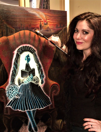 The artist, Chantell Van Erbé posing with her painting Signal Graces