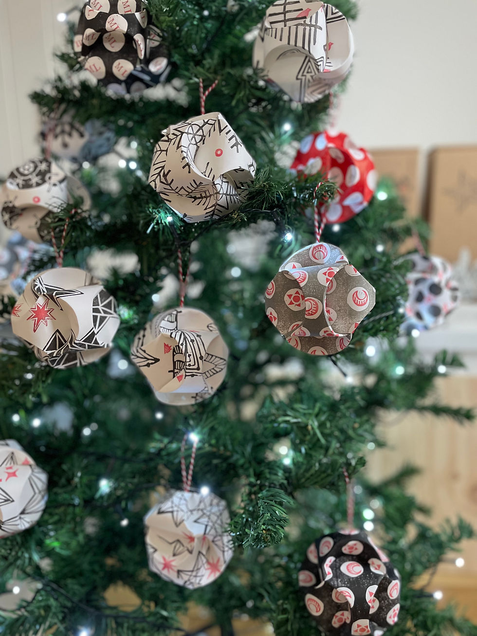 Thumbnail: Handprinted Snowflake Christmas Baubles – Scandi Linocut Globe, Set of 4