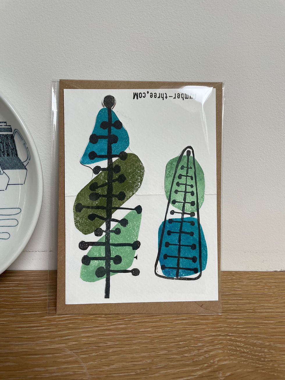 Thumbnail: Mid-Century Modern Handprinted Christmas Card - Triple Colour Pair of Trees