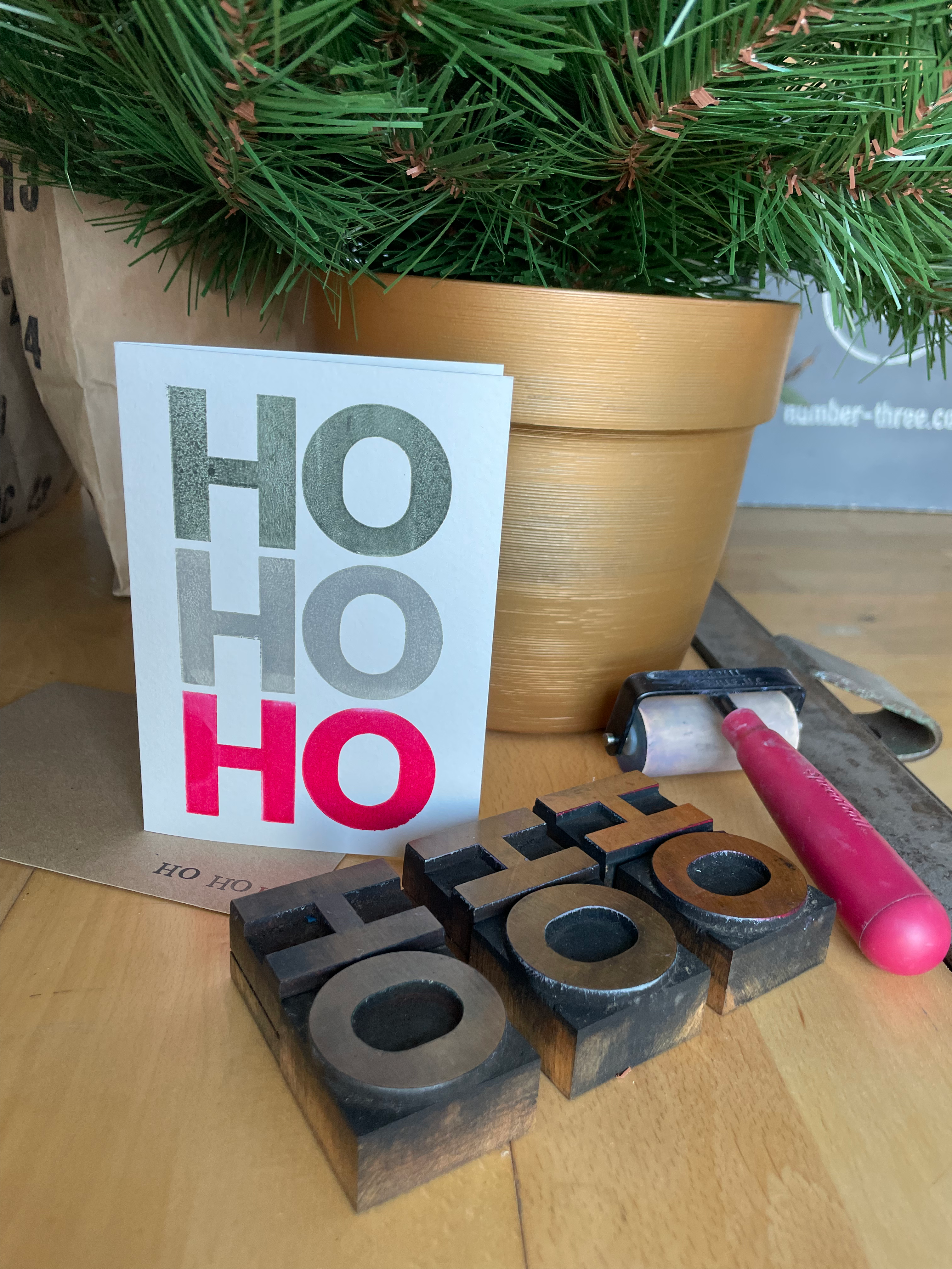 'Ho Ho Ho' handprinted Christmas card