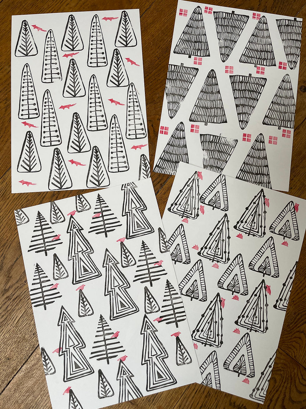 Thumbnail: Handprinted Scandi Christmas Baubles – Tree Linocut Globes, Set of 4