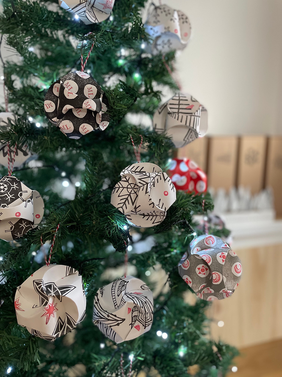 Thumbnail: Handprinted Scandi Christmas Baubles – Tree Linocut Globes, Set of 4