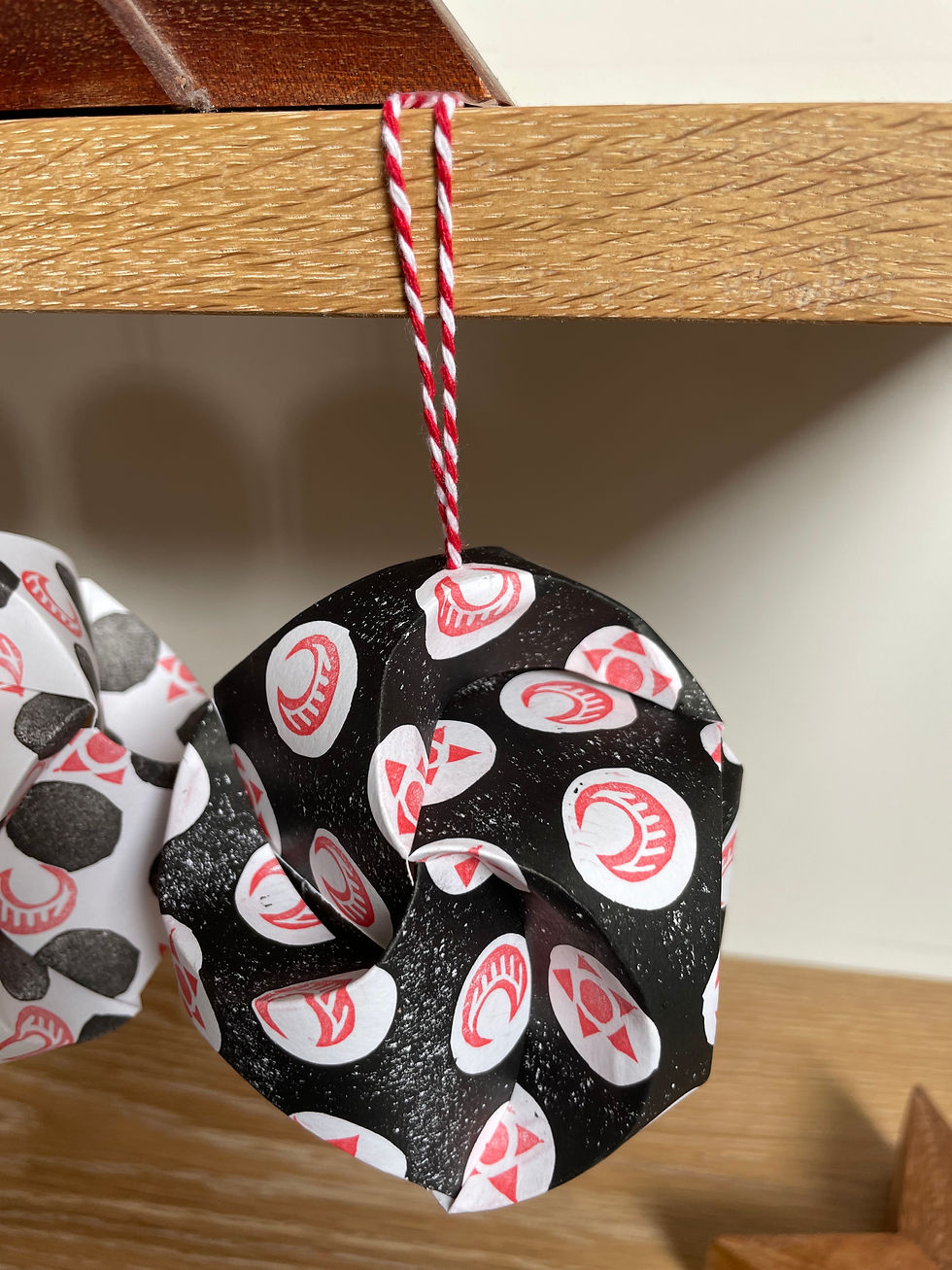 Thumbnail: 4 Handprinted Scandi Baubles : Linocut Moon and Star Christmas Tree Ornaments, P
