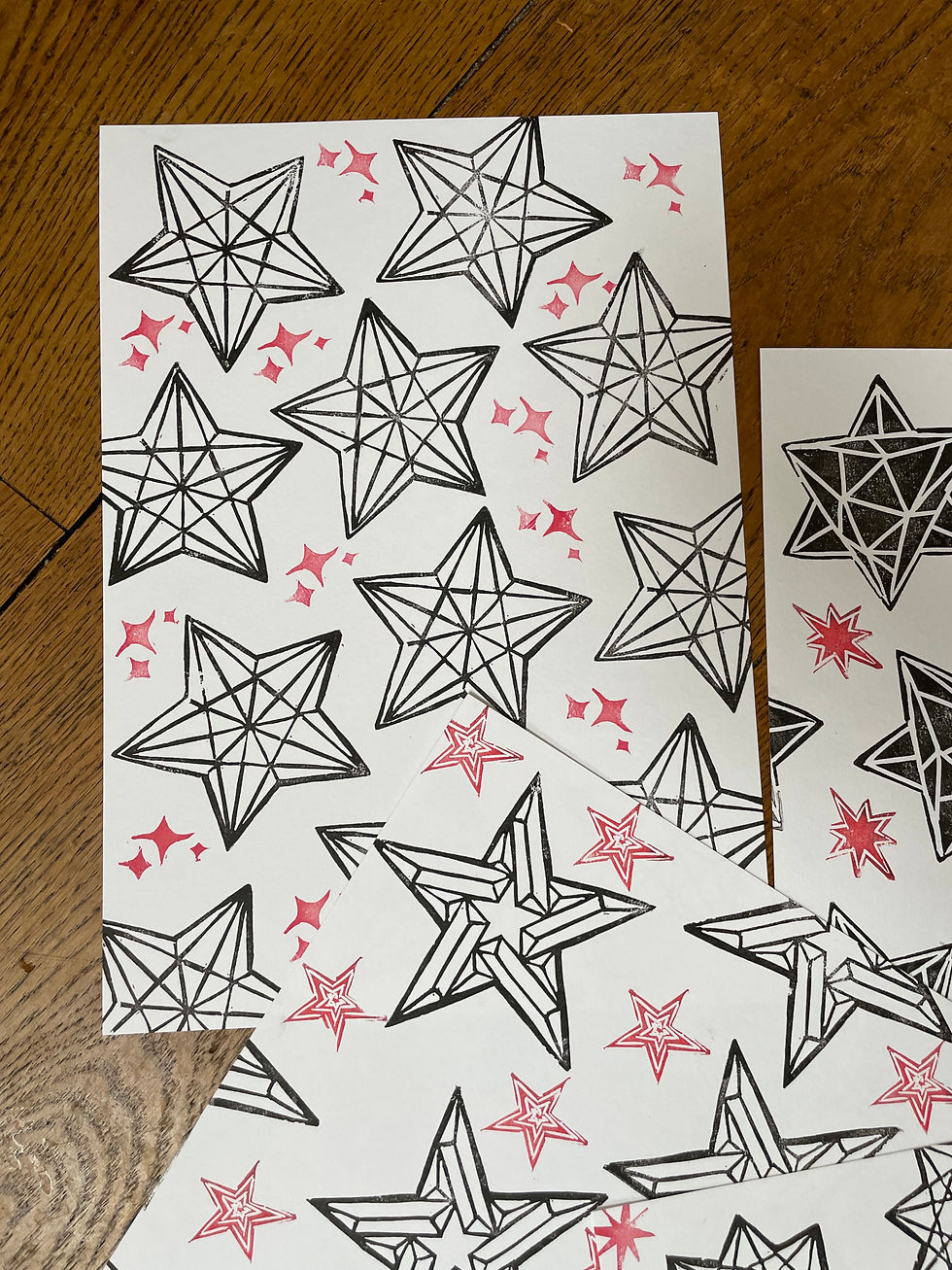 Thumbnail: Handmade Scandi Star Christmas Baubles - Linocut Triskele Globe, Set of 4