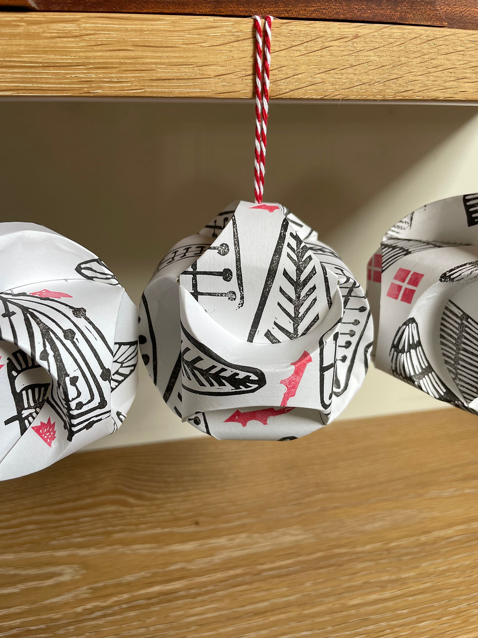 Thumbnail: Handprinted Scandi Christmas Baubles – Tree Linocut Globes, Set of 4