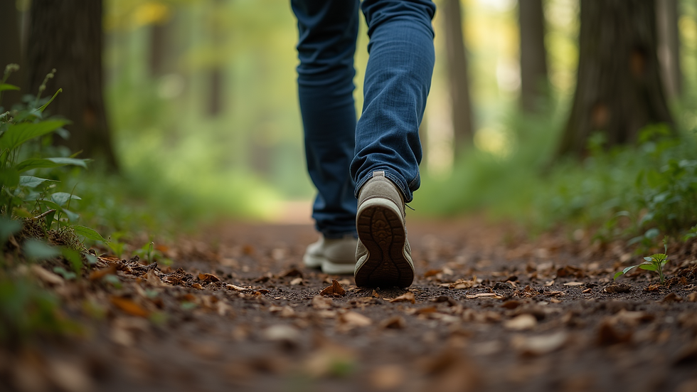 Close-up view of feet walking on a forest path